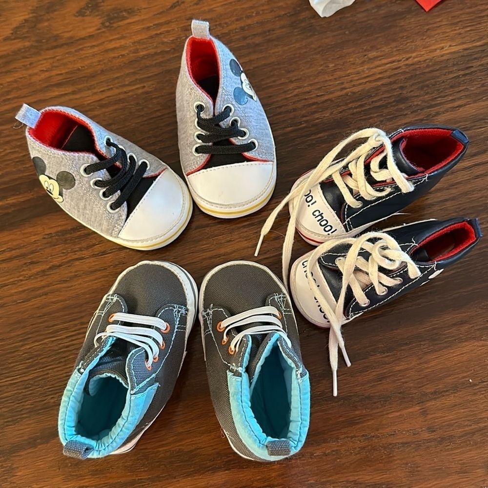 🎈🎈 3 pair of shoes all size 3-6 month. One Disney, 1 Gerber, one Child of Mine